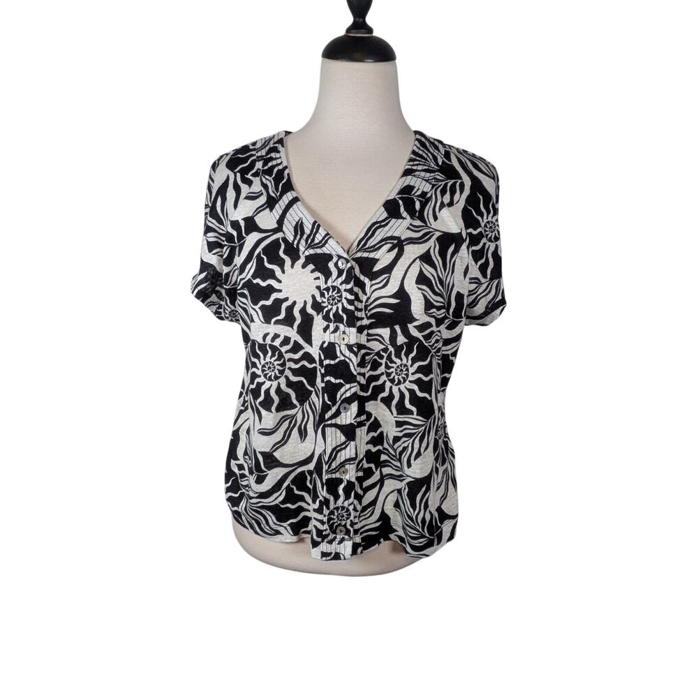 Nicole Miller New York Medium 100% Linen Button Front Blouse Top Black & White